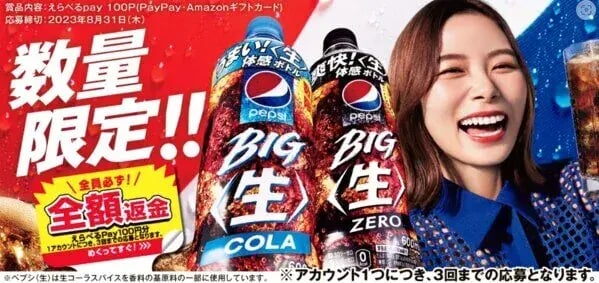 必ずもらえるキャンペーン事例（インスタントウィンタイプ）：ペプシBIG　全員必ず！全額返金