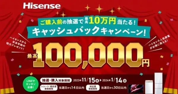 キャッシュバックキャンペーン事例（動機付けタイプ）：ハイセンス　年末年始キャッシュバックキャンペーンくじ2023-2024