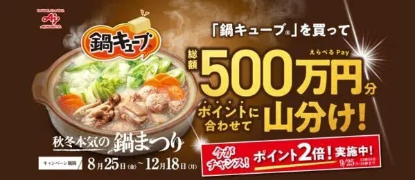 キャッシュバックキャンペーン事例（リピート購入タイプ）：味の素　「鍋キューブ®」秋冬本気の鍋まつり 総額500万円分山分けキャンペーン